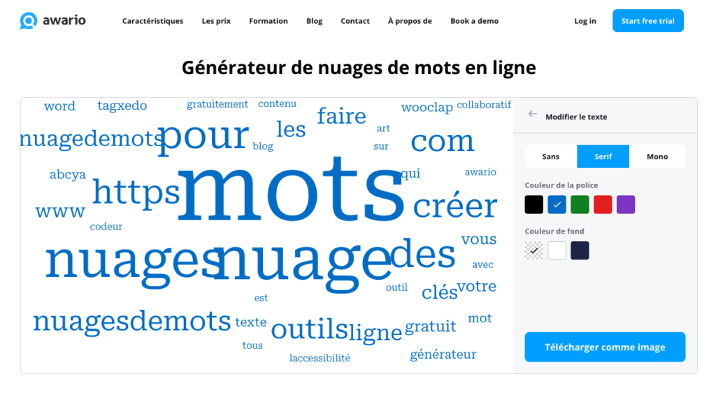 Outil gratuit pour créer des nuages de mots d'Awario