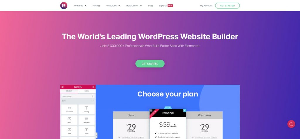 Elementor editor WordPress page