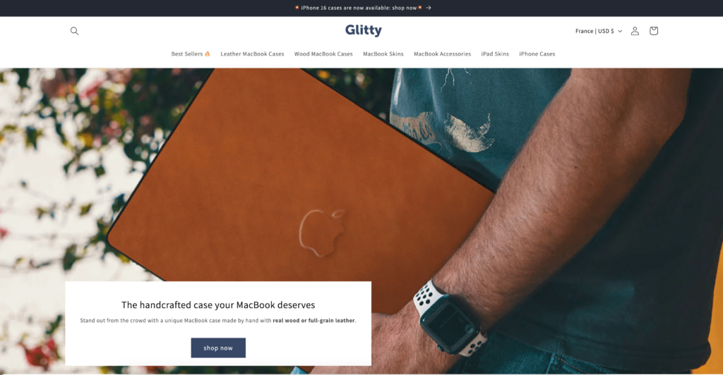 Page d'accueil du site Shopify Glitty