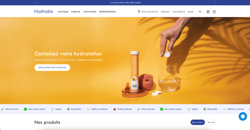 Page d'accueil du site Shopify Hydratis