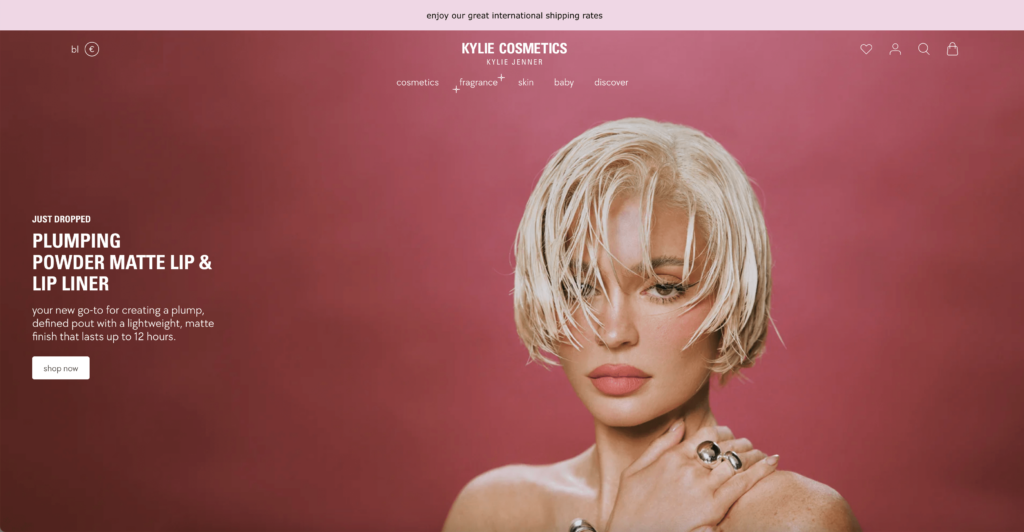 Page d'accueil du site Shopify Kylie Cosmetics