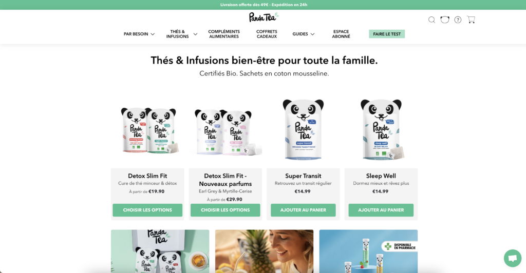 Page d'accueil du site Shopify panda tea