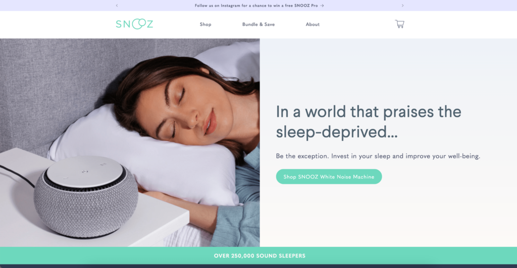 Page d'accueil du site Shopify Snooz