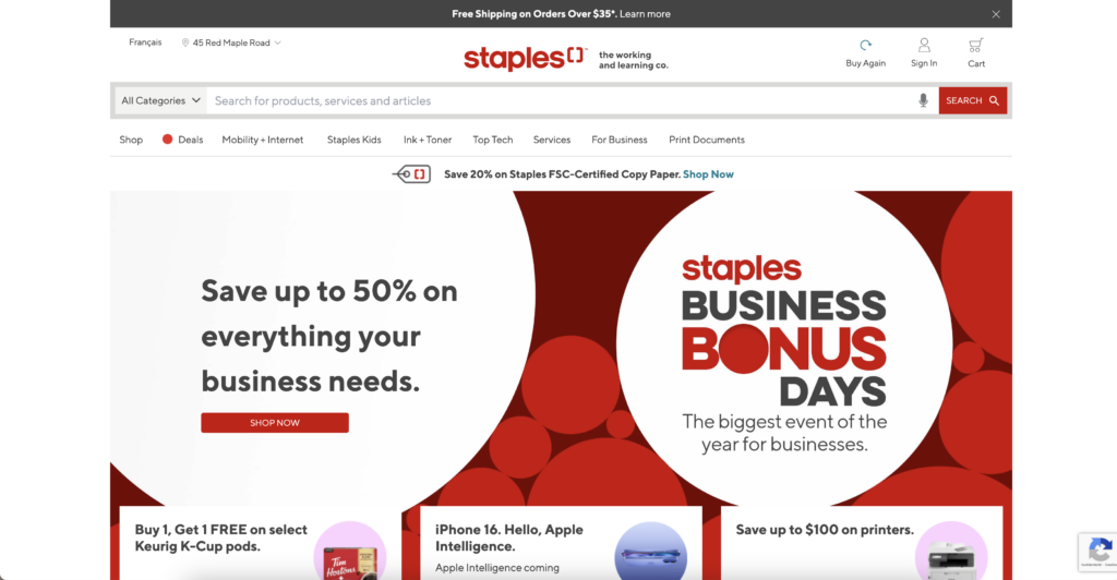 Page d'accueil du site Shopify Staples