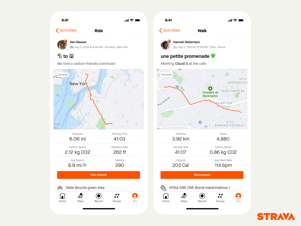 Interface de l'application de sport Strava