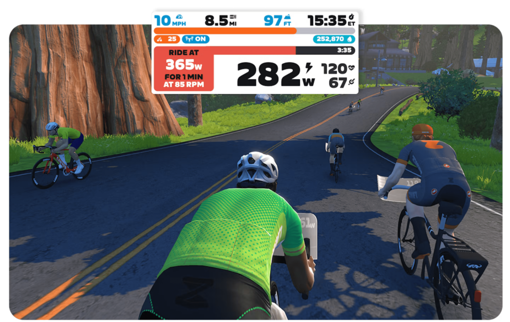 Interface de l'application de cyclisme Zwift