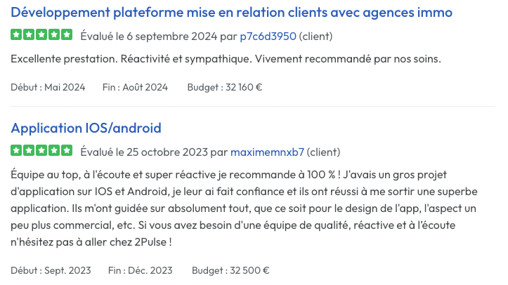 Avis des clients de l'agence 2pulse sur Codeur.com