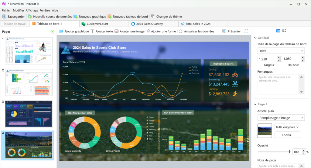 Tableau de bord dans l'outil Navicat pour la gestion de base de données