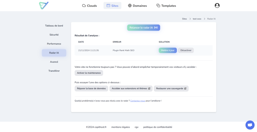 Le radar IA de copilhost pour la surveillance de votre site